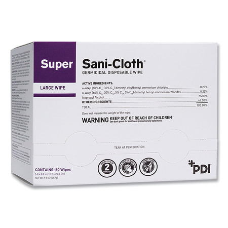 SANI PROFESSIONAL Super Sani-Cloth Germicidal Disposable Wipes, Large, 1-Ply, 5 x 8, Unscented, White, 50PK H04082